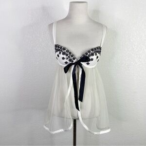 Victoria’s Secret White & Black Sheer Floral Embroidered Babydoll Lingerie